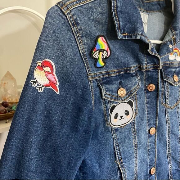 Custom patch denim jacket girlie KENSIE small blue denim cotton - Picture 7 of 10